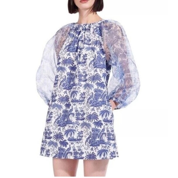 STAUD Garden Balloon Sleeve Shift Dress In China Blue Toile - Picture 1 of 14